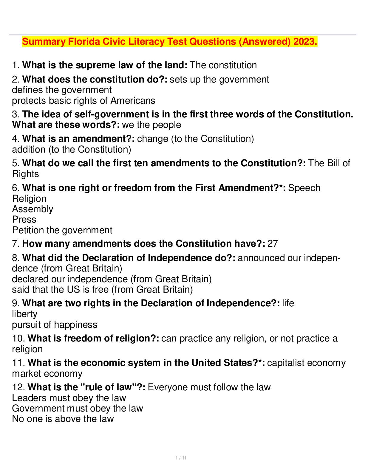 Preview image for Florida Civic Literacy Test Questions and Answers (Graded A) 2023